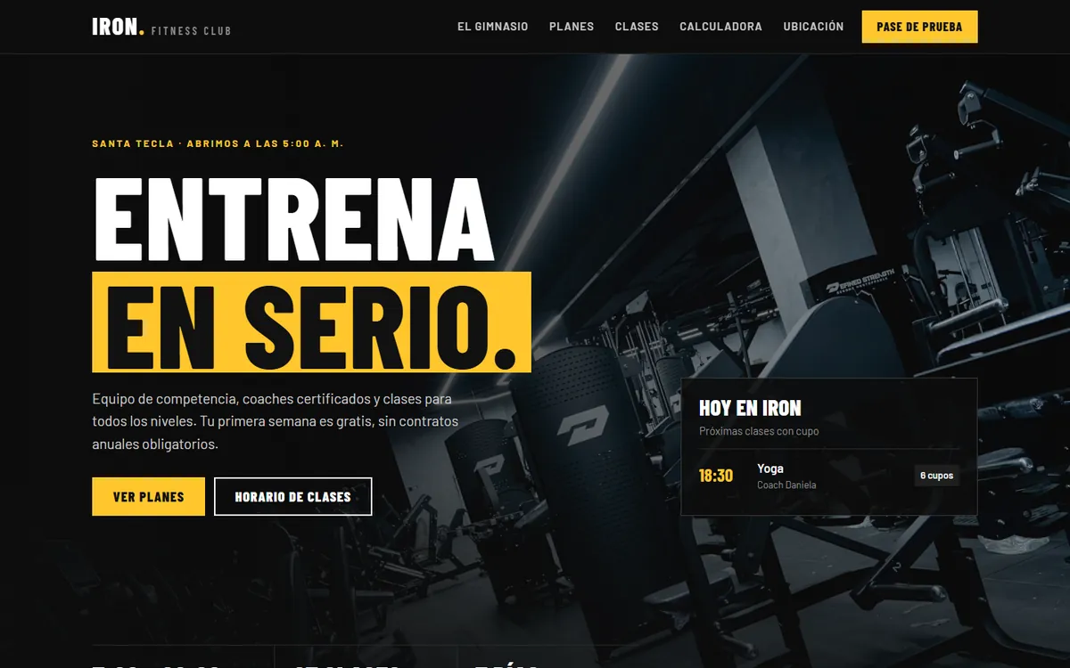 Página de un gimnasio con planes de membresía, horario de clases y calculadora