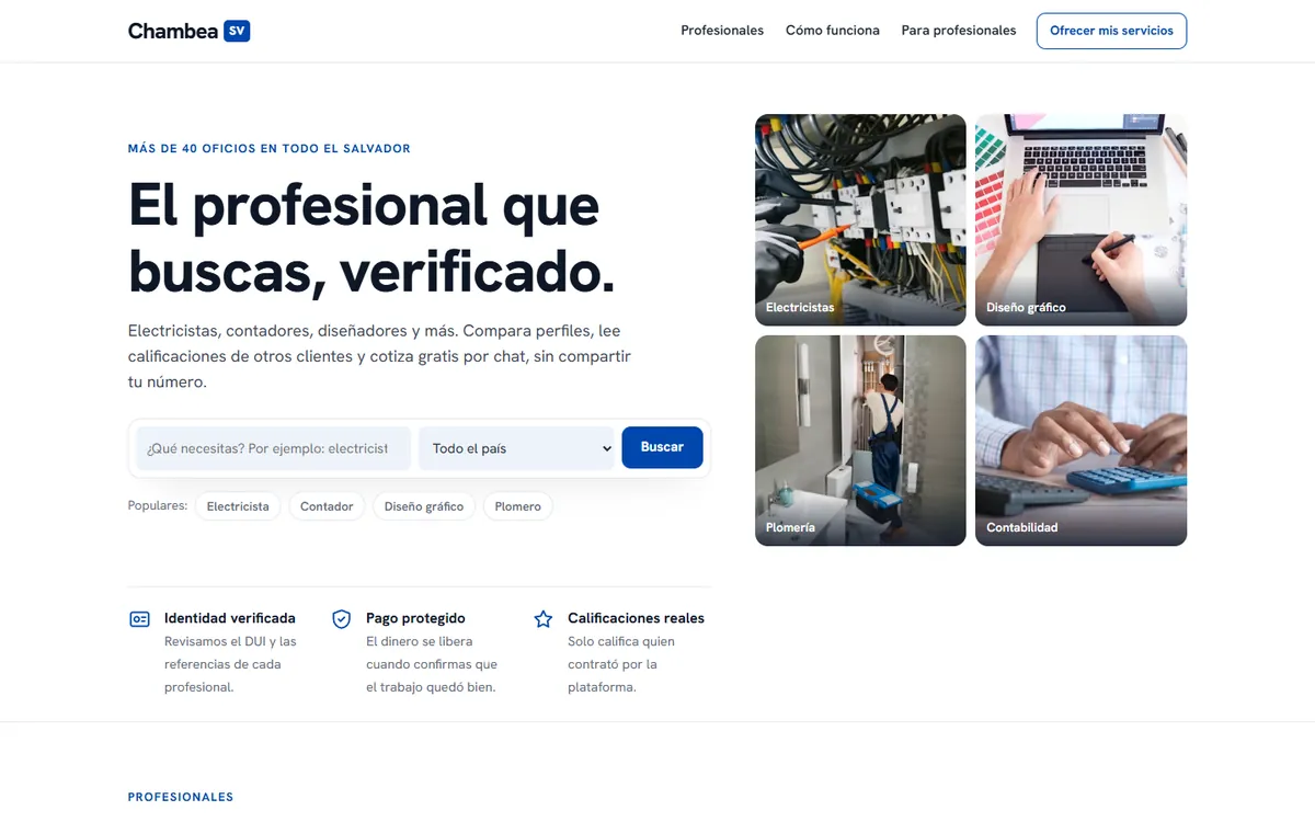 Plataforma para contratar profesionales con perfiles verificados y chat