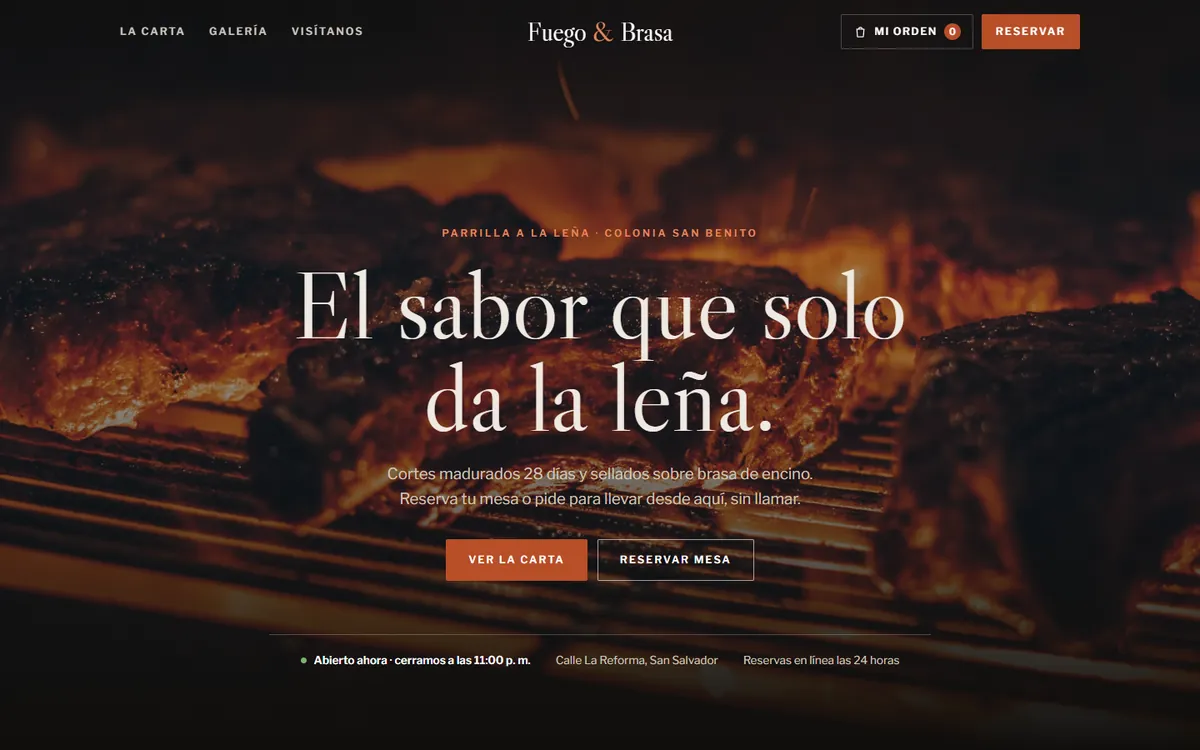 Página de un restaurante con menú digital por categorías y pedidos