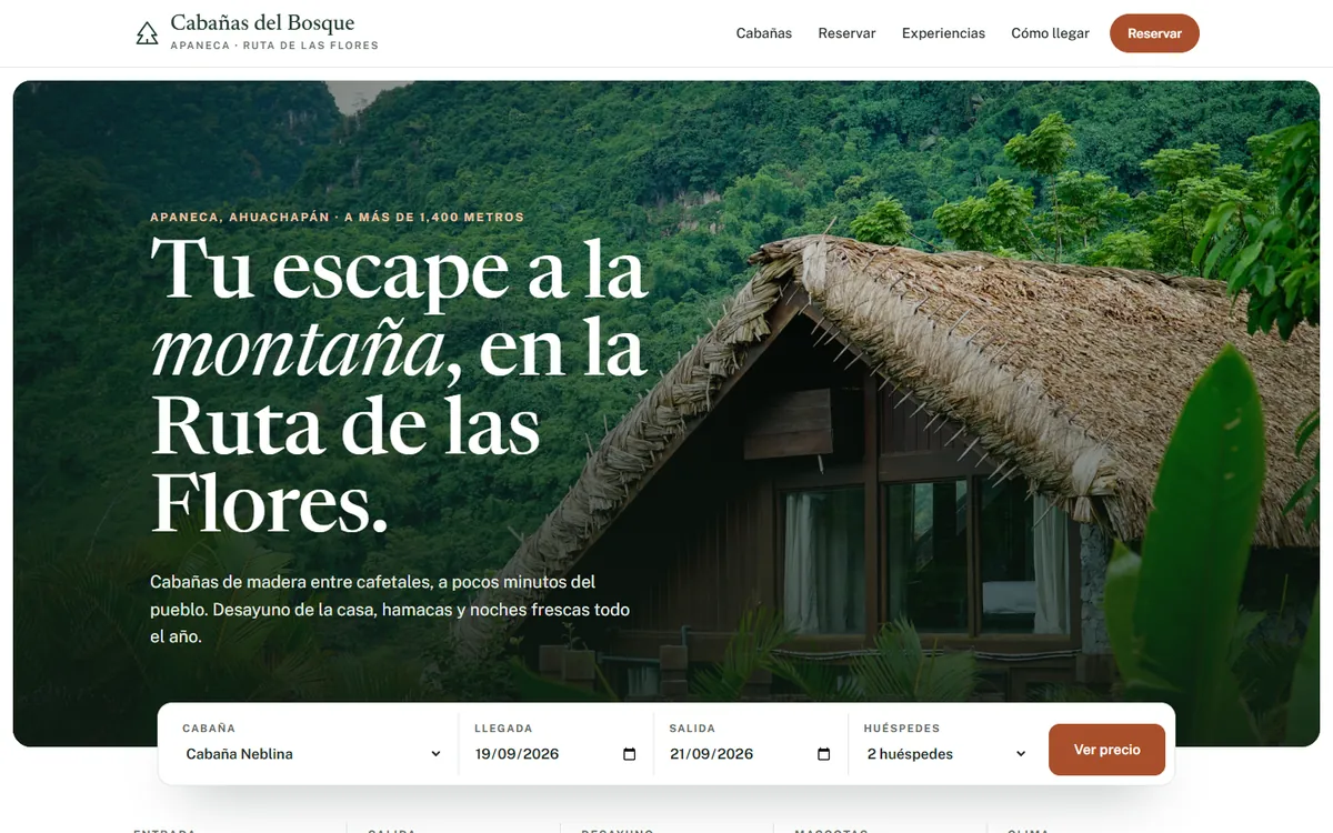 Página de cabañas de montaña con calculadora de reservas